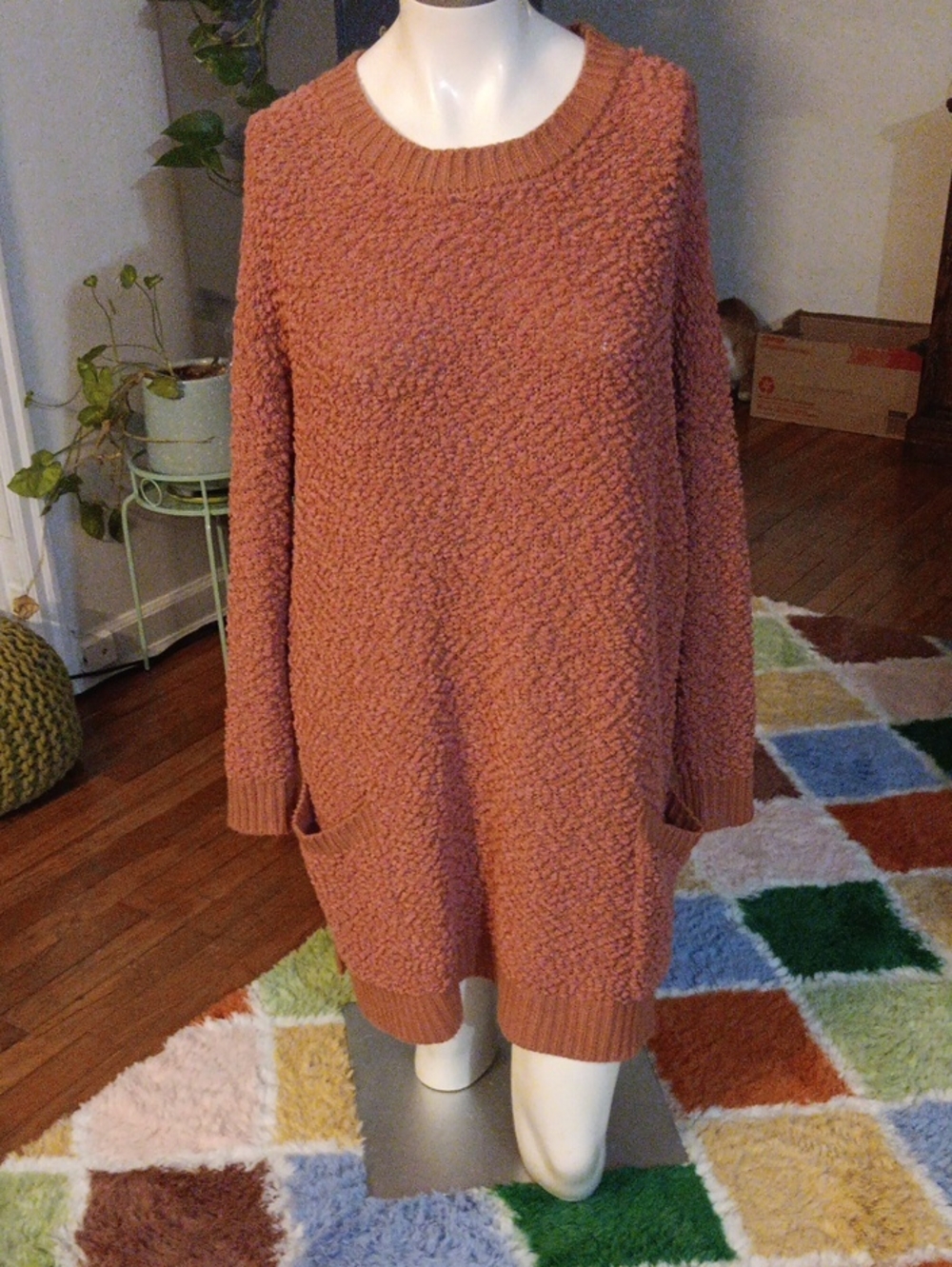 Cozy Textured Popcorn Knit Sweater Dress - Rust